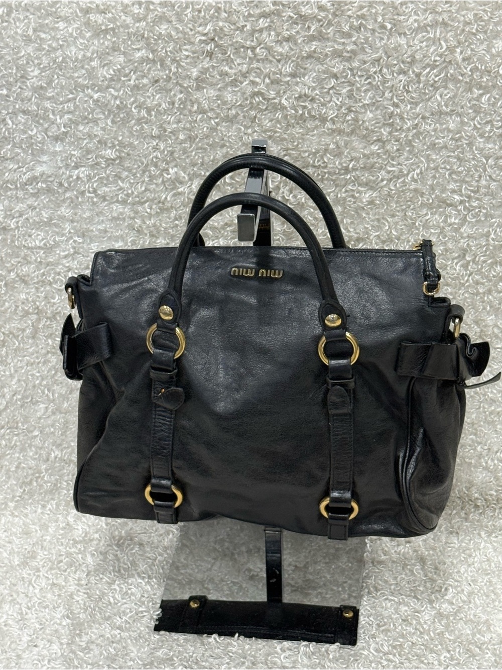 Miu Miu Vitello Lux Large Bow Satchel in Black Leather